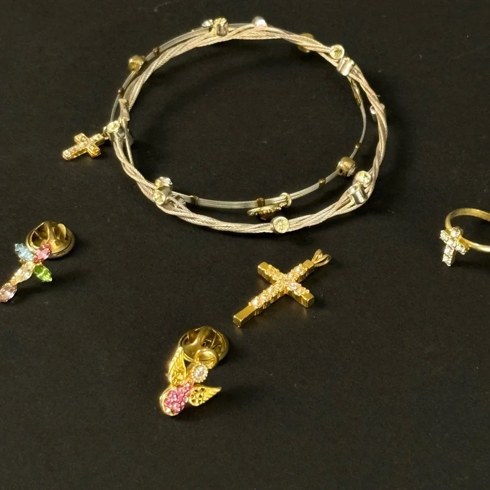 Vintage Christian Jewelry Set Girls OS Gold Cross Angel Communion Pins Ring